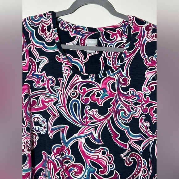 Chico’s Multicolor Paisley Print Cotten Modal Blend Top Boat Neck 3/4 Sleeves XL - Picture 2 of 8